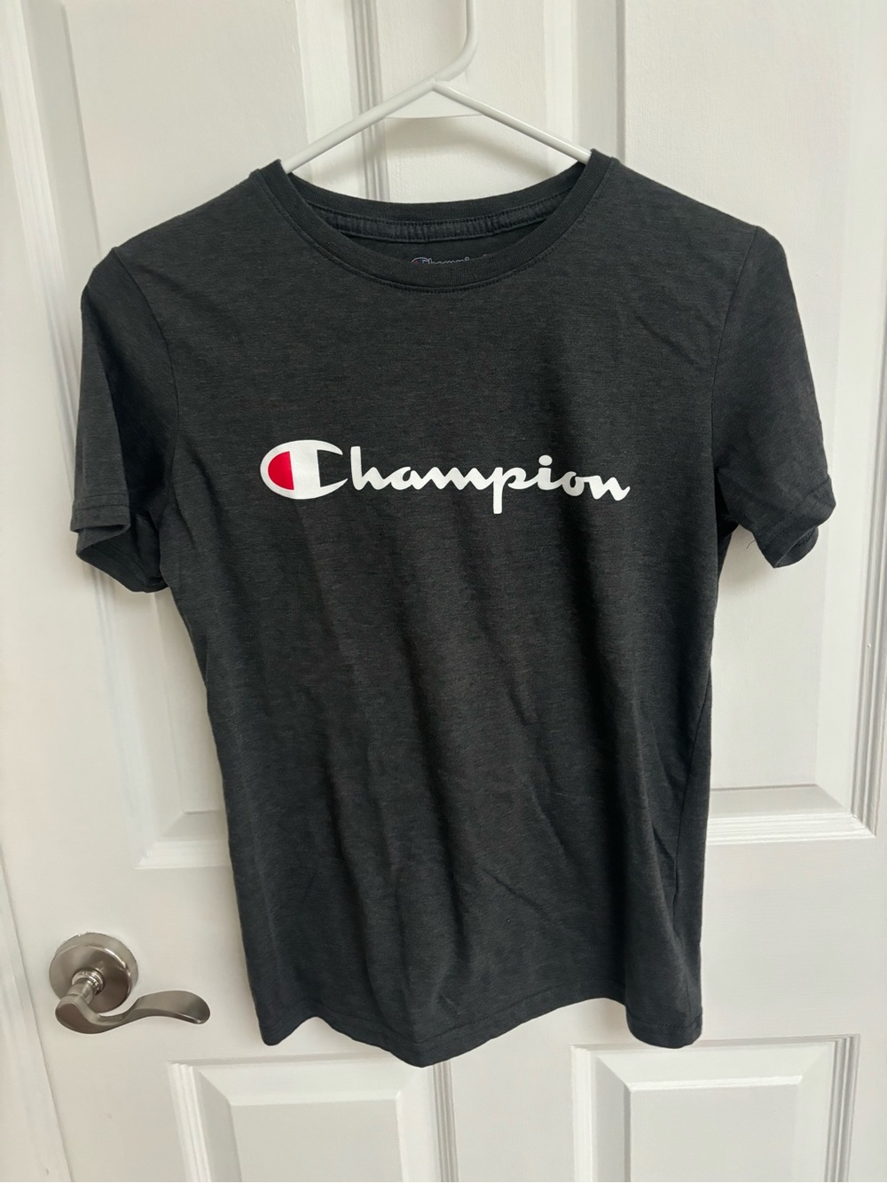 Champion Tee with White Script and Red Logo Accent